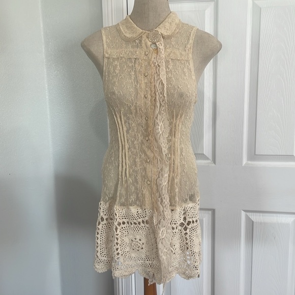Salvaged threads wearable art crochet lace dress vest repurposed recycled BoHo S